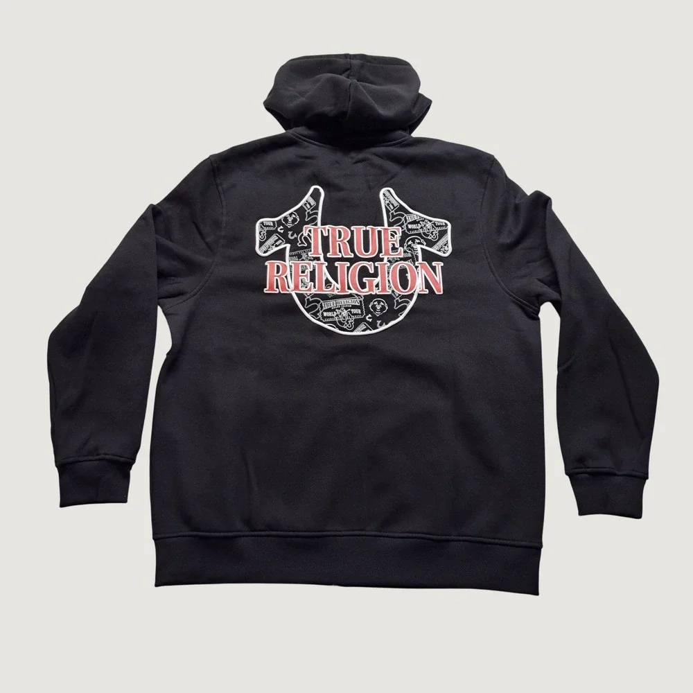 True Religion Zip Hoodie Mens XXL Black New HS Filled AOP Graphic Sweatshirt